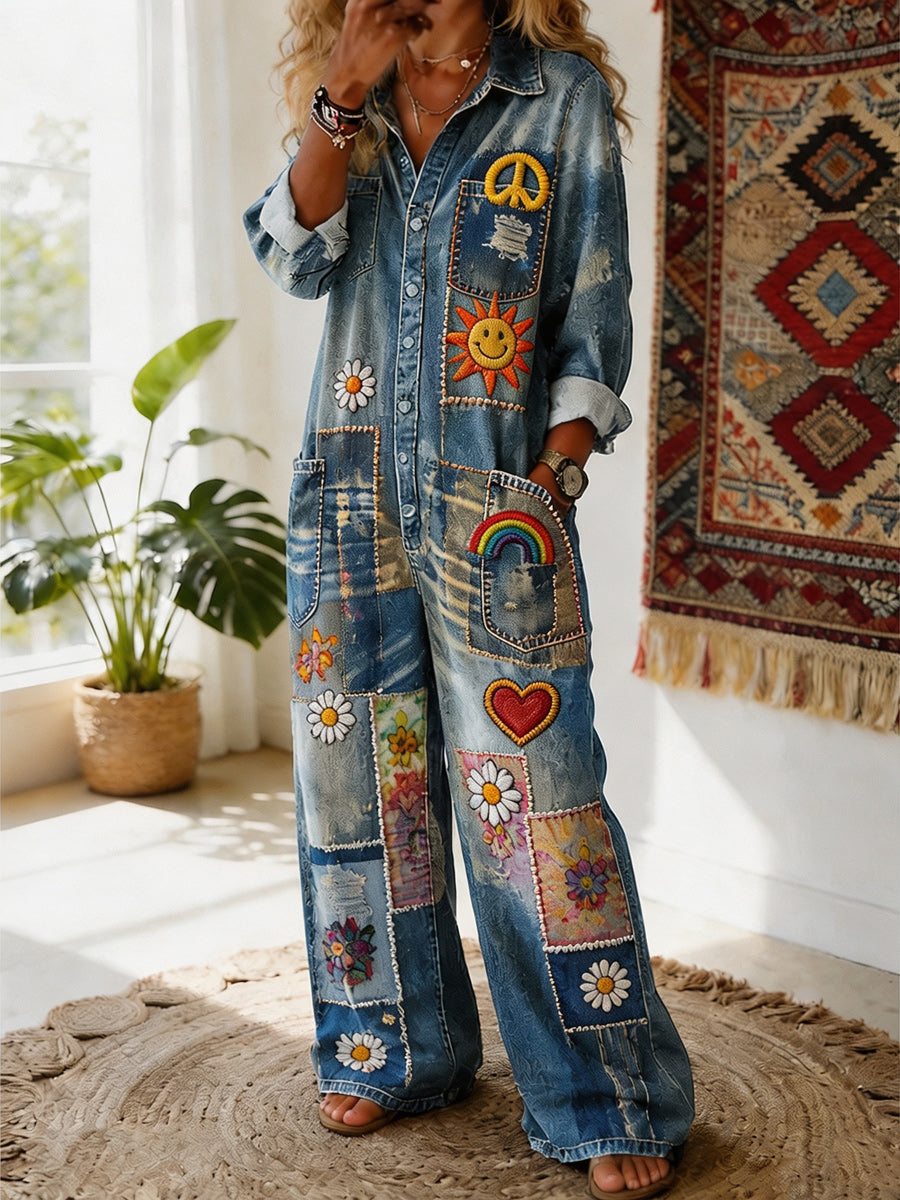 Women's Retro Style Art Print Washed V-Neck Cotton Denim Patchwork Jumpsuit